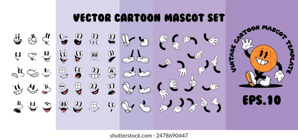 manos de dibujos animados, piernas y caras, conjunto de mascotas: Vector 1930 estilo vintage piezas de personajes colección