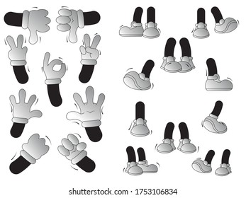 Cartoon hands and legs set. Feet in boots and arms in gloves. 