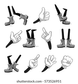 Cartoon hands and legs vector. Collection of cartoon hands and legs for animation, illustration of comical hand in glove and legs shoes