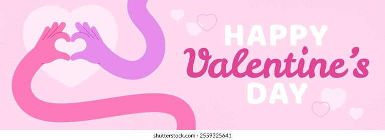 Cartoon hands love banner. Two flexible hands making heart of fingers. Valentines day design for websites or ad placards, racy romantic vector background