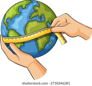 Las manos de la historieta miden la circunferencia del globo con la cinta amarilla, estilo plano del Vector, fondo blanco