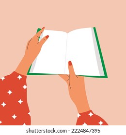 Cartoon hands with open book. Fairy tale story textbook, bookcrossing, read literature, education concept. Vector design