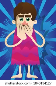 Cartoon with hands over mouth. Vector illustration of a man from the stone age.