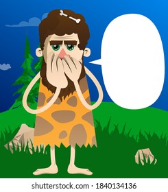 Cartoon with hands over mouth. Vector illustration of a man from the stone age.