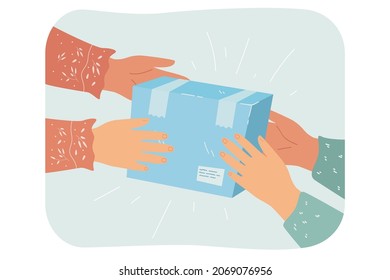 Cartoon hands passing gift box. Person giving object to friend or customer on grey background flat vector illustration. Delivery service concept for banner, website design or landing web page