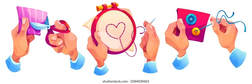 Cartoon hands performing sewing activities with scissors, embroidery hoop and thread. Illustration of cutting fabric, stitching heart pattern and sewing buttons. Crafting process with accessories.