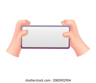 Cartoon hands with phone. Human holding phone with empty screen. Mock up of social network communication on mobile app using touch gesture. Digital device