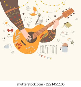 Cartoon Hands playing Guitar. Autumn Mood with Graphic Elements