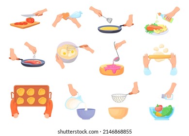 Cartoon Hands Prepare Food. Hand Cook, Spatula For Cooking Process, Sprinkle Chopping Salt In Salad Bowl Cut Knife, Ladle Jam Prepare Dough Baking Accessories, Vector Illustration. Cooking At Kitchen