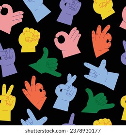 Cartoon hands seamless pattern abstract drawn comic. Set of Hand color different signs, gestures and symbols. Palm and fingers. Modern flat style. Vector illustration isolated on background