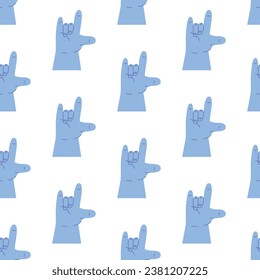 Cartoon hands seamless pattern abstract drawn comic. Set of Hand color different signs, gestures and symbols. Palm and fingers. Modern flat style. Vector illustration isolated on background