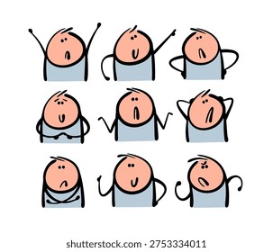 Cartoon hands. A set of avatars for social networks, characters with gestures. Vector illustration is a collection of people with different emotions. Funny kids, boys.