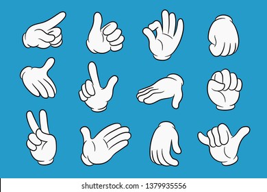Cartoon hands set in different gestures. Hands in white gloves with black stroke. Element for your design. Vector illustration.
