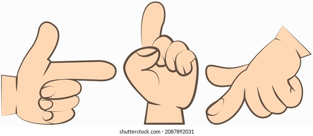 Cartoon hands set. Different gestures with fingers: pointing, attention, fist, thumbs up. Isolated vector illustration. Human hand expresses signals, actions and emotions, signs and impressions