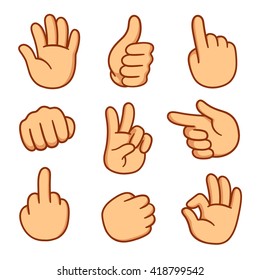 Cartoon hands set. Different gestures: pointing, attention, fist, thumbs up. Isolated vector illustration.