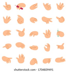 Cartoon hands set icons and symbols. Different gestures. Isolated vector clip art illustration. Abstract funny flat style.Design templates for graphic 
