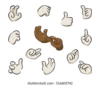 Cartoon hands set. Vector clip art illustration. Wear brown leather gloves. Each on a separate layer.