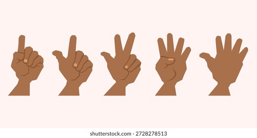 Cartoon hands showing counting gestures from one to five in horizontal sequence on plain background.