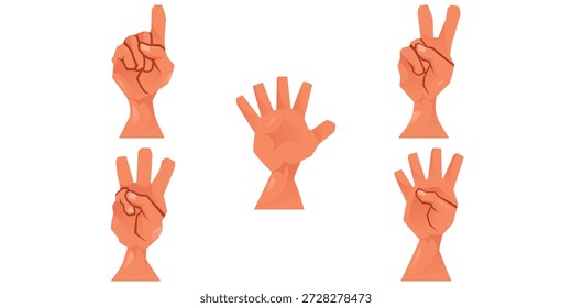 Cartoon hands showing one to five fingers in radial layout, representing counting gestures on plain background.
