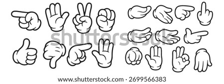 Cartoon Hands Vector Illustration Set: Expressive White Glove Gestures, Pointing, Waving, Victory Sign, and Cupped Hand Collection for Diverse Design Projects