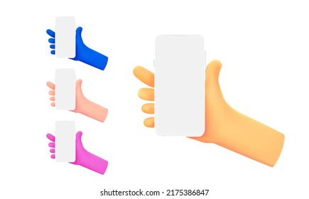 Cartoon Hände mit weißem Smartphone. 3D-Vektorclip-Kunst einzeln auf Weiß
