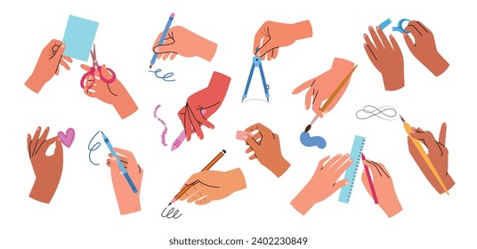 Cartoon hands write, draw and carve. Human arms draw on ruler, make circles with compass, office supplies, scribbles and traces, vector set.eps
