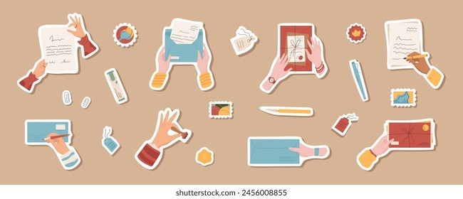 Cartoon hands write letters and hold mails sticker collection, flat isolated hand sends craft post card patch, trendy character receives handwritten mail illustration, creative style postcard design.