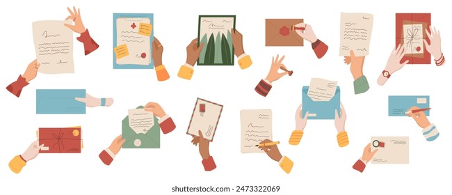 Cartoon hands write letters and hold mails collection, flat isolated hand sends craft post card template, trendy character receives handwritten mail illustration, creative style postcard compositions