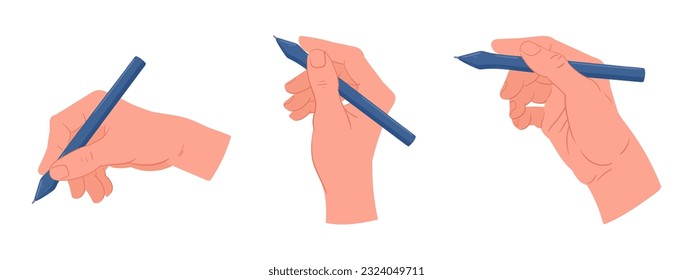 Cartoon hands writing with pencil or stylus. Human hands drawing with painting tools flat vector illustration