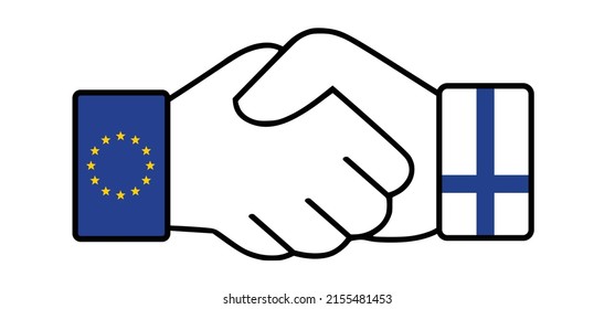 Cartoon handshake and agreement, membership.. Welcome Finland to the European Union, to join the alliance Finnish flag. Aggression, military attack, defence. Deal, trade. Diplomatic. Russia conflict.