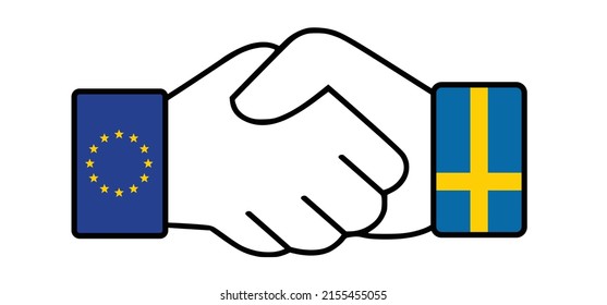 Cartoon handshake and agreement. Welcome Sweden to the European Union, to join the alliance Swedish flag. solidarity. Russia, Russian conflict. Deal, trade, membership. Diplomatic for peace.