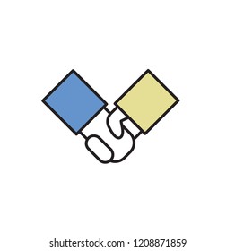 Cartoon handshake icon. Cartoon design icon. Colorful flat vector illustration. Isolated on white background.