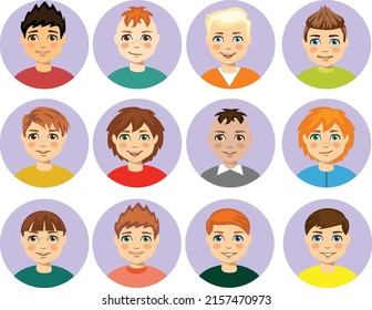 Cartoon handsome boy, young guy portraits. Human face avatar set. Vector illustration. Male Characters.  flat icons set people.