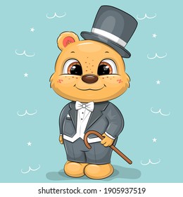 Cartoon handsome gentleman in a suit. Vector illustration of a bear on a blue background.