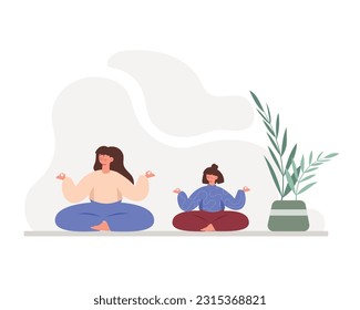 Cartoon handsome girls meditate in lotus position on mat. Characters doing morning exercises. Healthy and active lifestyle. Regular physical activity. Vector