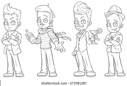 Cartoon handsome guys with alcohol black and white character vector set for coloring