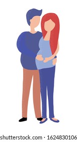 Cartoon handsome man and his beautiful pregnant wife hugging each other and looking at each other while standing, white background separated, illustration, - vector