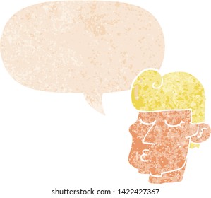 cartoon handsome man with speech bubble in grunge distressed retro textured style