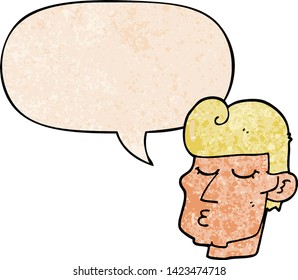 cartoon handsome man with speech bubble in retro texture style