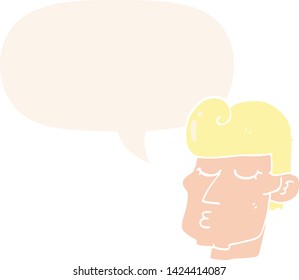 caricatura de hombre apuesto con burbuja de habla en estilo retro