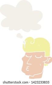 caricatura de hombre apuesto con burbuja de pensamiento en estilo retro