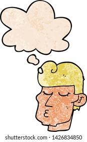 caricatura de un hombre apuesto con burbuja de pensamiento en estilo de textura gruesa