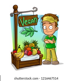 Cartoon handsome sportsman in cap character and vegan fruit vendor booth or shop market with text sign. Vector icon for game.