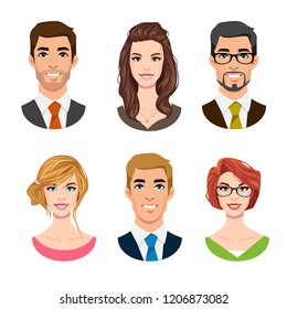 Cartoon handsome young businessman and women portraits. vector illustration. Man and female face avatar set isolated on white background