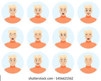 Cartoon handsome young guy vector illustration. Man face avatar set isolated on white background. Vector illustration.