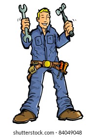 Cartoon of a handy man with all his tools.Isolated on white