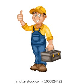 Cartoon Handy Man. Cheerful Mechanic Holding Tool Box and a Showing Thumb Up
