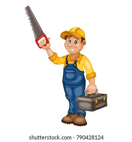 Cartoon Handy Man. Cheerful Mechanic Holding Tool Box and a Saw