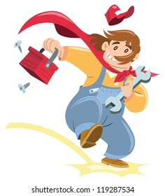 cartoon handyman appears with his tool case. flat colors without gradients.