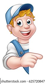 Cartoon handyman, builder, mechanic, carpenter, electrician or plumber character pointing